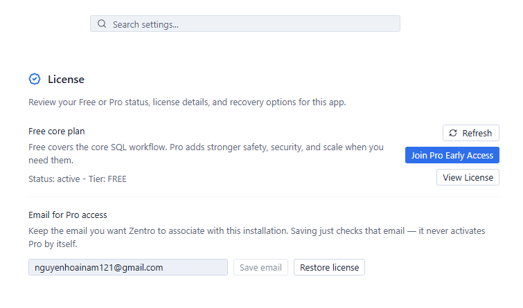 Settings → License, with the Join Pro Early Access button